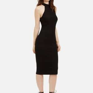 Trina Turk Black Emotion Crochet Halter High Mock Neck Midi Dress